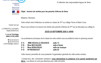 Réunion de rentrée pour les parents d’élève de 3ème