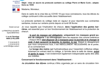 Quelques rappels concernant les mesures sanitaires liées au COVID avec quelques nouveautés notamment pour ce qui concerne les conseils de classe et l’EPS